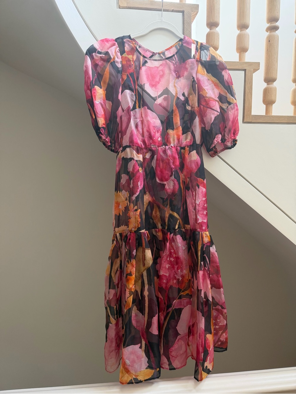 Anthropologie Pink Floral Puff-Sleeve Midi Dress